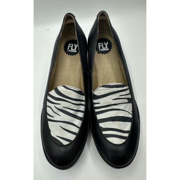 FLY London Leather Slip-Ons Luan Black White Zebra Print Wedge Size 41 (US 10) - Picture 2 of 6